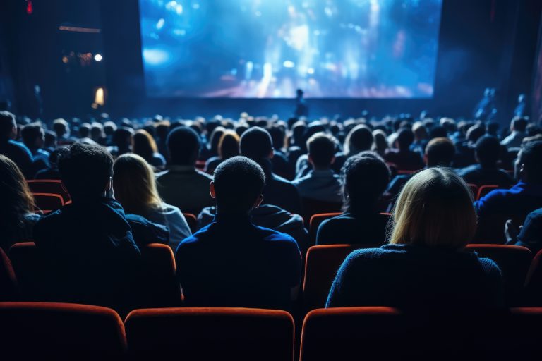 A group of people gathered together to enjoy a movie projected on a large screen. This image can be used to depict a movie night, cinema experience, or community event